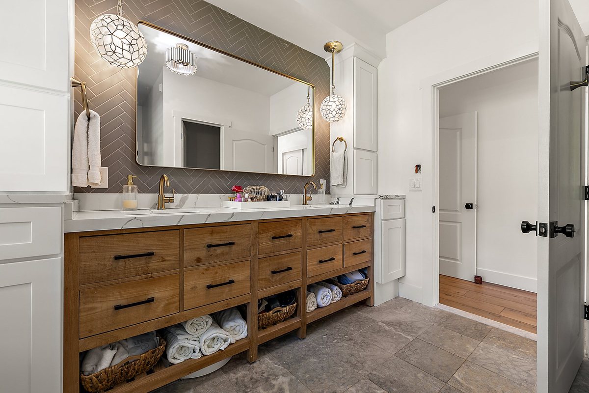 Finished bathroom vanity and tile detail.